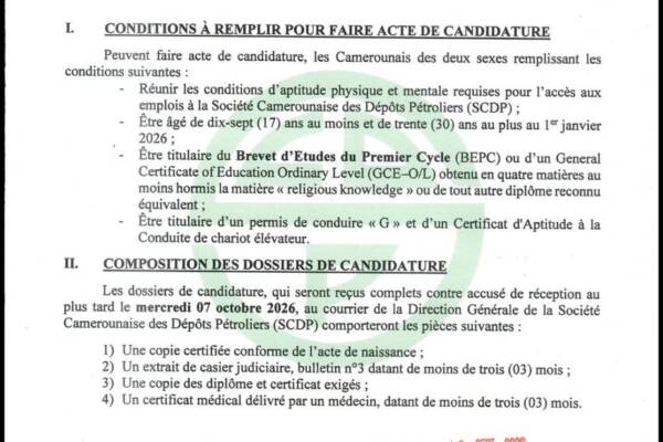 Avis de recrutement de quatre chauffeurs caristes à la SCDP pour l'exercice 2026